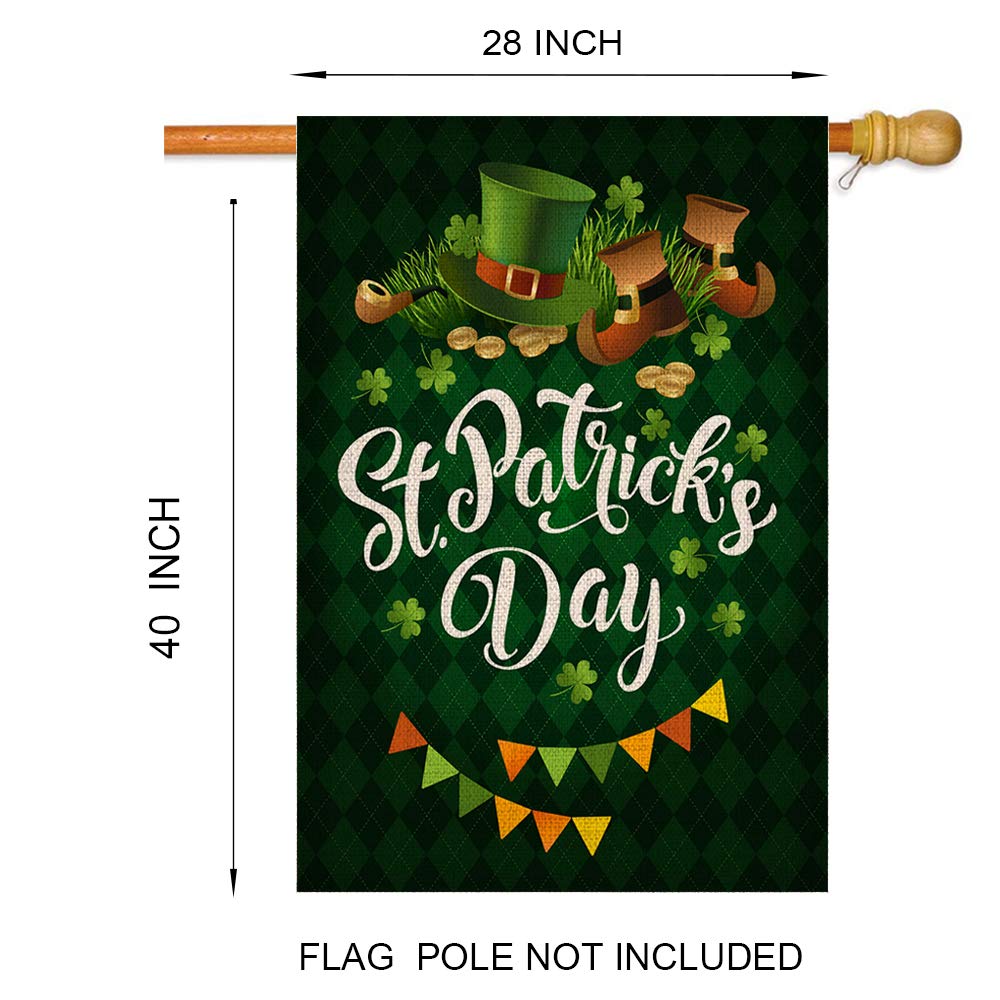 Happy St. Patrick's Day House Flag,Clovers Irish Green Shamrocks,Leprechaun Top Hat Gold Coin,Double Sided Burlap Decorative Garden Flags for Home Lawn Yard Indoor Outdoor Decor,28 x 40 Inch