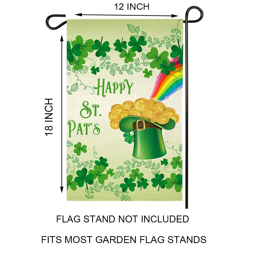 Happy St. Patrick's Day Garden Flag ,Clovers Irish Green Shamrocks,Leprechaun Top Hat Gold Coin Rainbow,Double Sided Burlap Decorative House Flags for Home Lawn Yard Indoor Outdoor Decor,12 x 18 Inch…