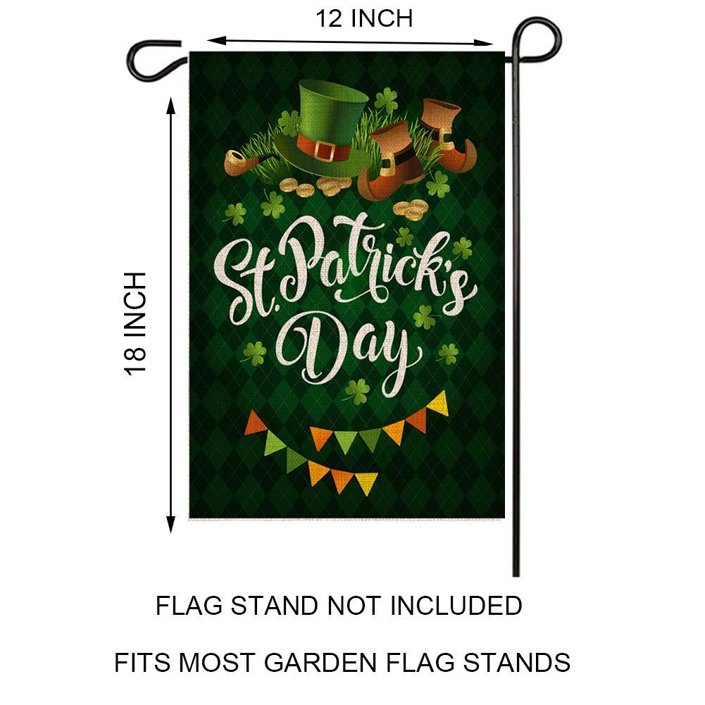 Happy St. Patrick's Day Garden Flag,Clovers Irish Green Shamrocks,Leprechaun Top Hat Gold Coin,Double Sided Burlap Decorative House Flags for Home Lawn Yard Indoor Outdoor Decor,12 x 18 Inch