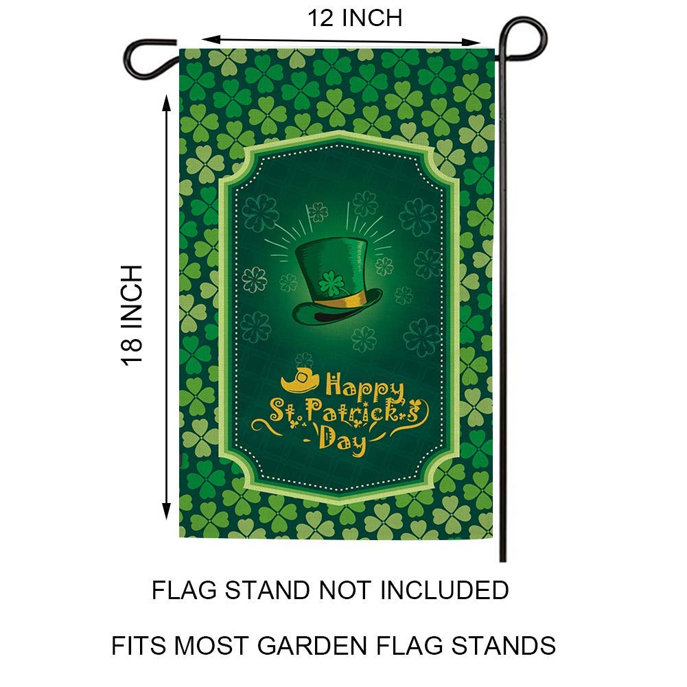 Happy St. Patrick's Day Garden Flag,Clovers Irish Green Shamrocks,Leprechaun Top Hat,Double Sided Burlap Decorative House Flags for Home Lawn Yard Indoor Outdoor Decor,12 x 18 Inch…