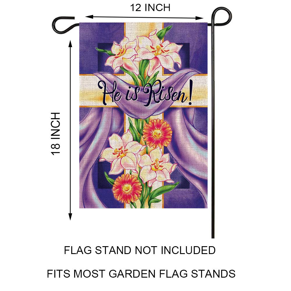 GOAUS He is Risen Cross and Lilies Easter Small Purple Garden Flag,Double Sided Burlap Decorative Spring House Flags for Home Lawn Yard Indoor Outdoor Decor,12 x 18 Inch