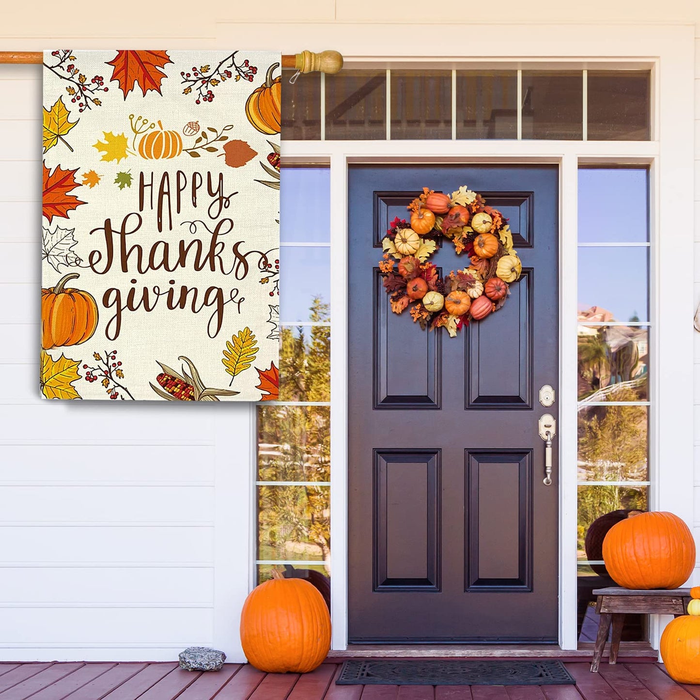 GOAUS Happy Thanksgiving House Flag,Fall Maple Leaf Leaves Pumpkin Farm Harvest,Double Sided Burlap Decorative Garden Flags for Home Lawn Yard Indoor Outdoor Decor,28 x 40 Inch