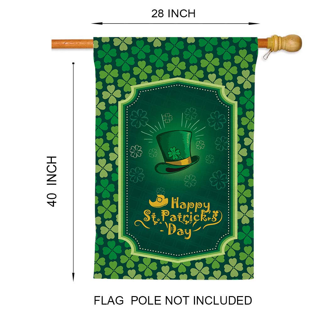 Happy St. Patrick's Day Large House Flag,Clovers Irish Green Shamrocks,Leprechaun Top Hat,Double Sided Burlap Decorative Garden Flags for Home Lawn Yard Indoor Outdoor Decor,28 x 40 Inch