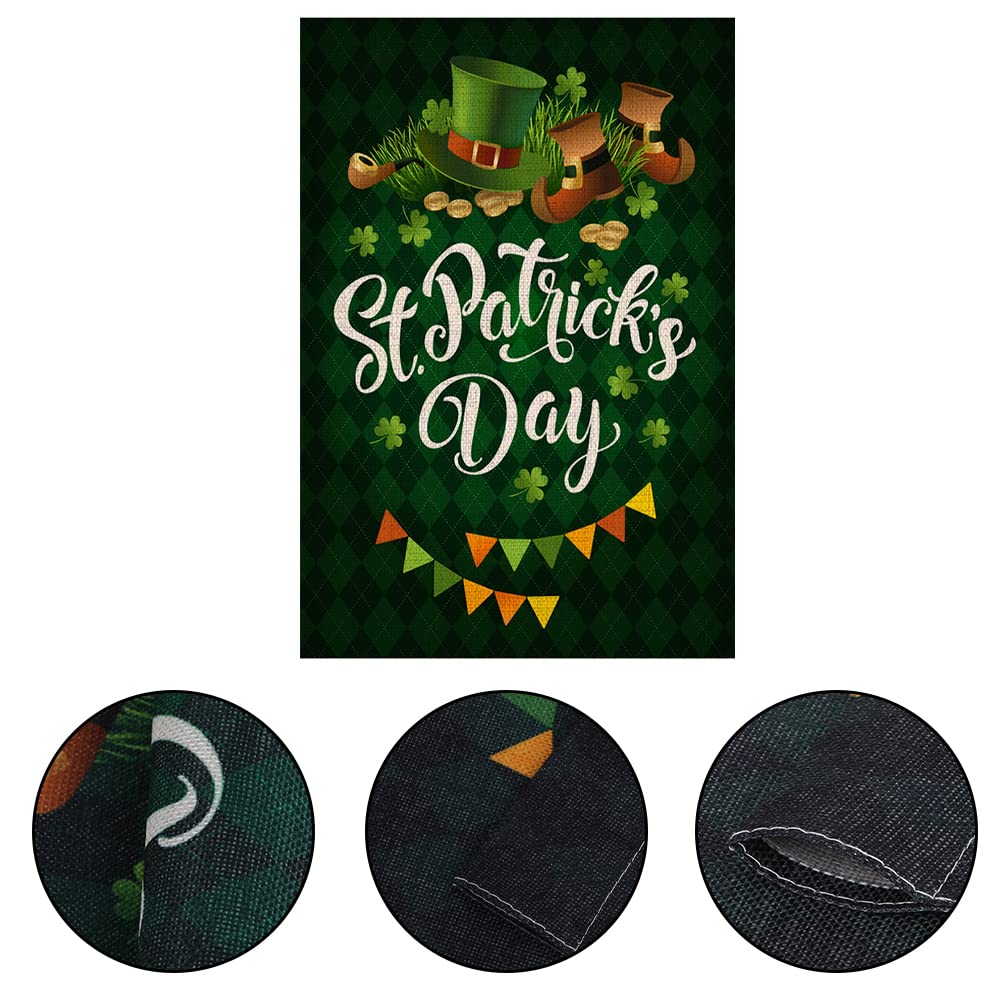 Happy St. Patrick's Day Garden Flag,Clovers Irish Green Shamrocks,Leprechaun Top Hat Gold Coin,Double Sided Burlap Decorative House Flags for Home Lawn Yard Indoor Outdoor Decor,12 x 18 Inch