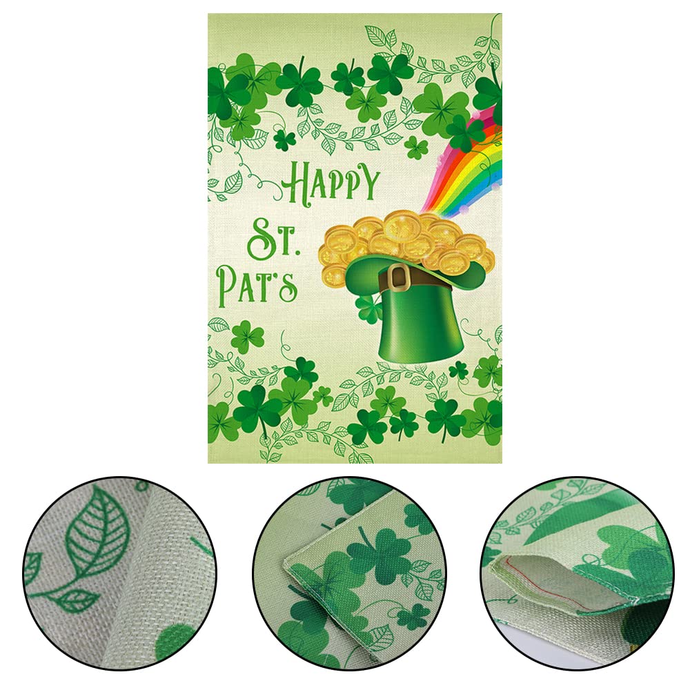 Happy St. Patrick's Day Garden Flag ,Clovers Irish Green Shamrocks,Leprechaun Top Hat Gold Coin Rainbow,Double Sided Burlap Decorative House Flags for Home Lawn Yard Indoor Outdoor Decor,12 x 18 Inch…