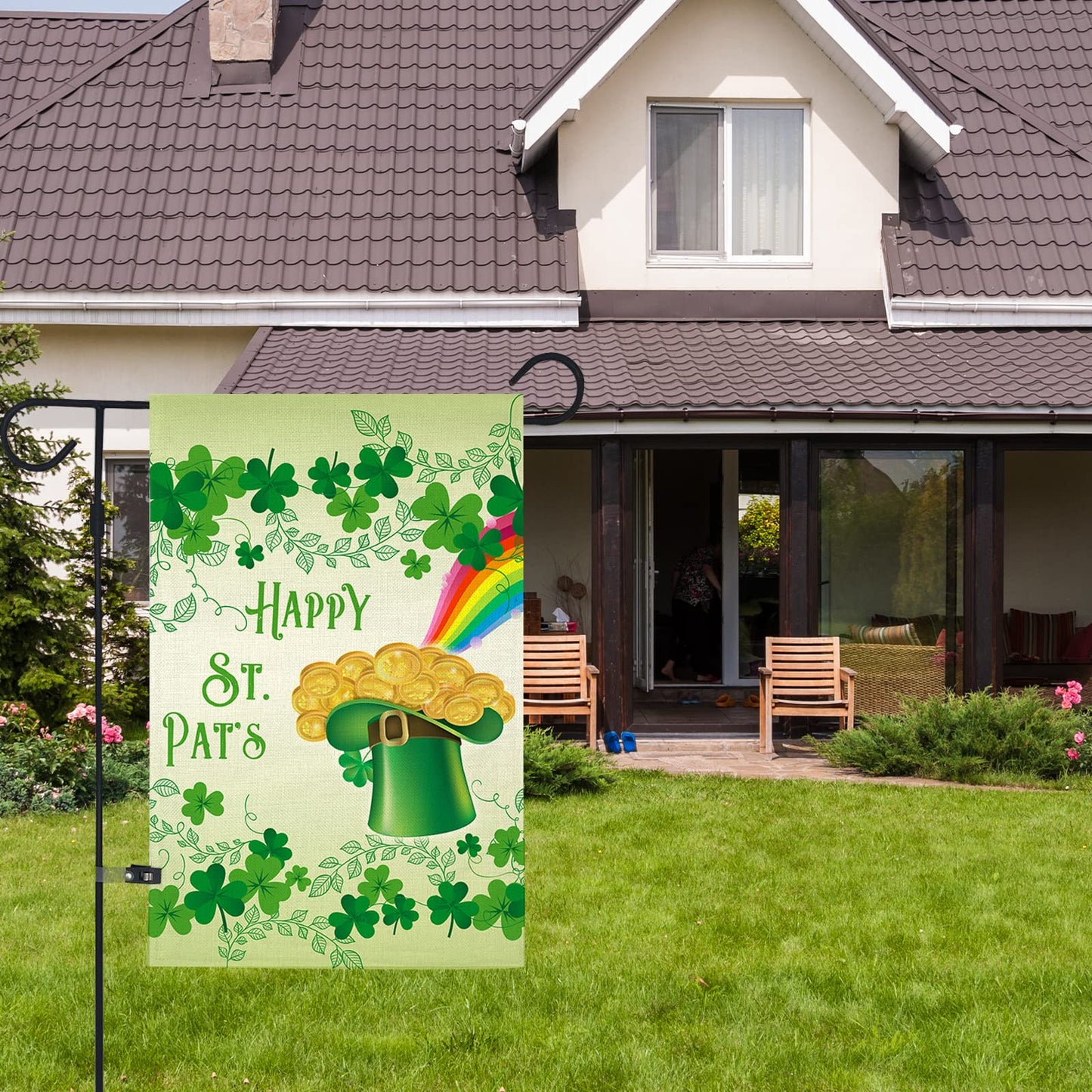 Happy St. Patrick's Day Garden Flag ,Clovers Irish Green Shamrocks,Leprechaun Top Hat Gold Coin Rainbow,Double Sided Burlap Decorative House Flags for Home Lawn Yard Indoor Outdoor Decor,12 x 18 Inch…