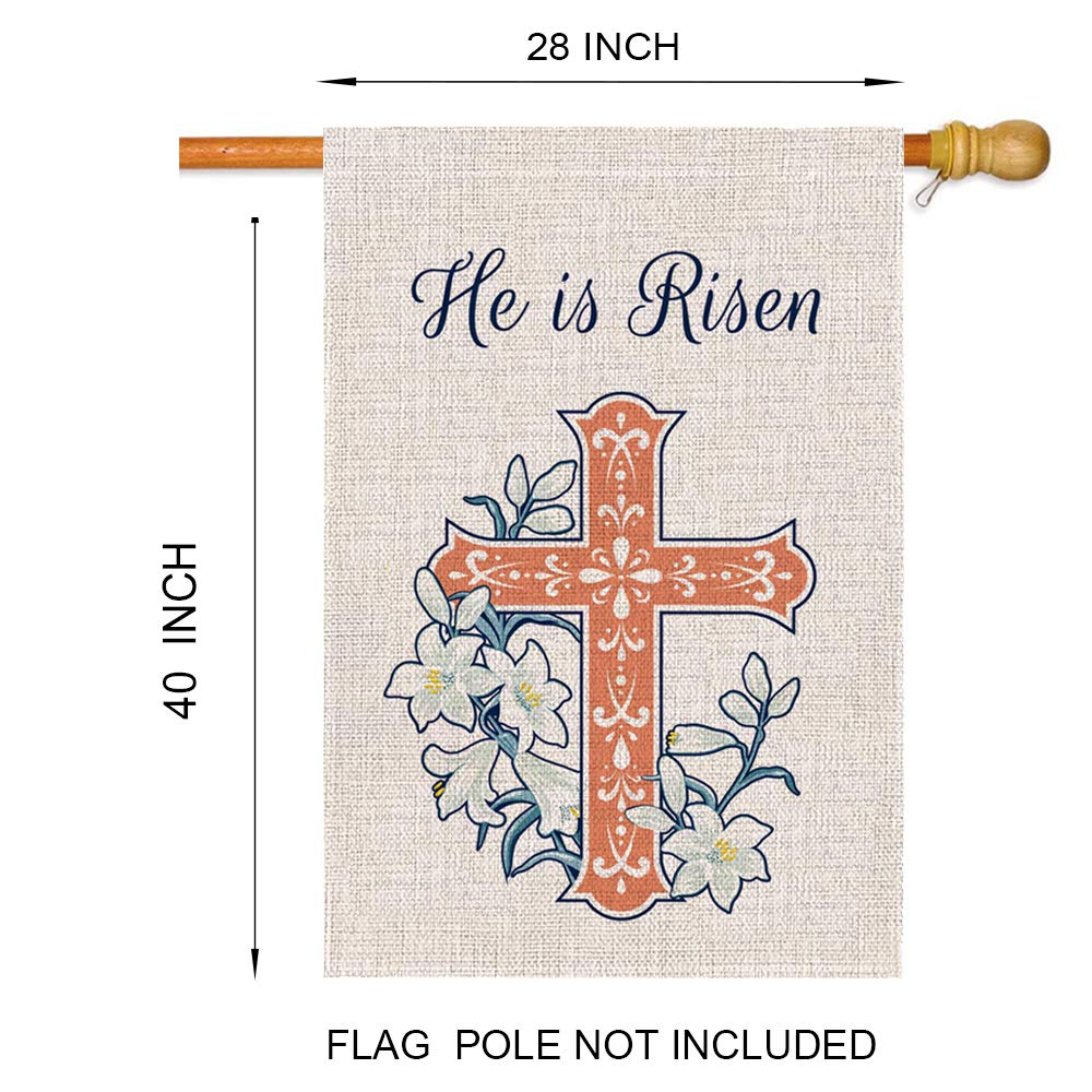 GOAUS He is Risen Cross and Lilies Easter Large House Flag,Double Sided Burlap Decorative Spring Garden Flags for Home Lawn Yard Indoor Outdoor Decor,28 x 40 Inch