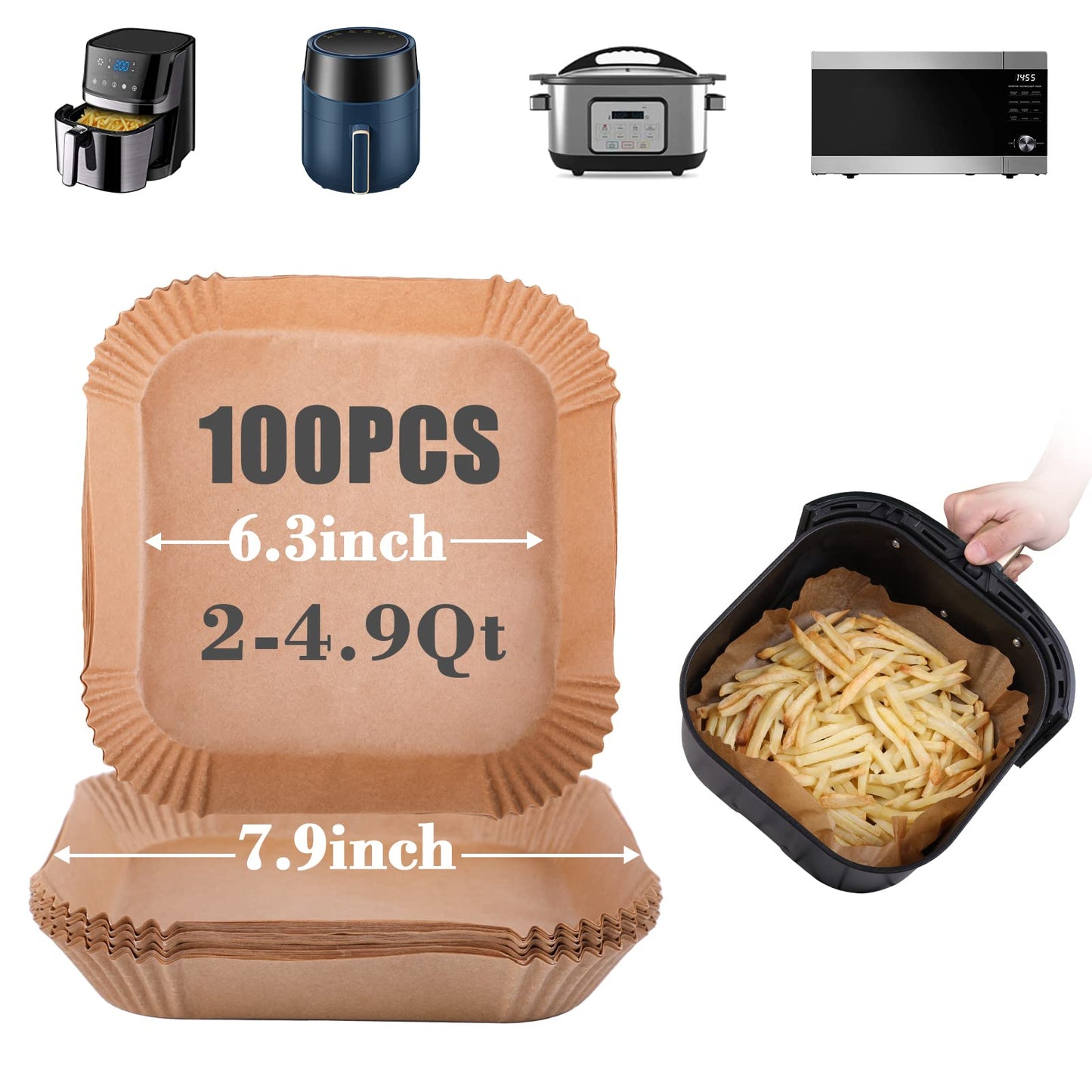 GOAUS Air Fryer 100pcs Square Paper Liners Disposable for 2 to 4.9 Qt Basket, 6.3 inch Unbleached Non-stick Oil-proof Parchment Paper