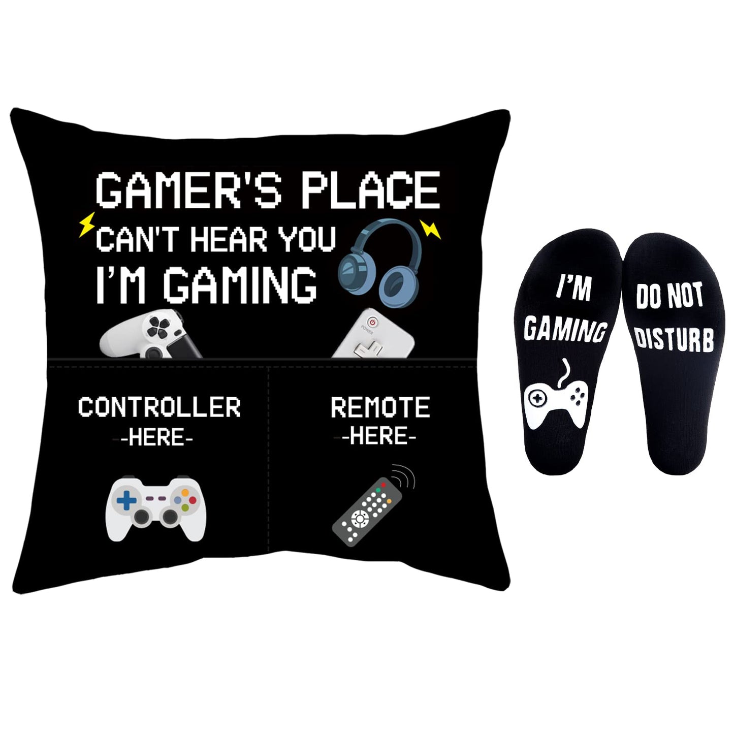 Gamer Gifts Pillow Cover Case 18x18 inch with Dual Pockets and Funny Gamer Socks Set, Teenage Gift Idea Christmas Stocking Stuffers for Teen Boys Men Him, Gaming Room Decor Party Decorations