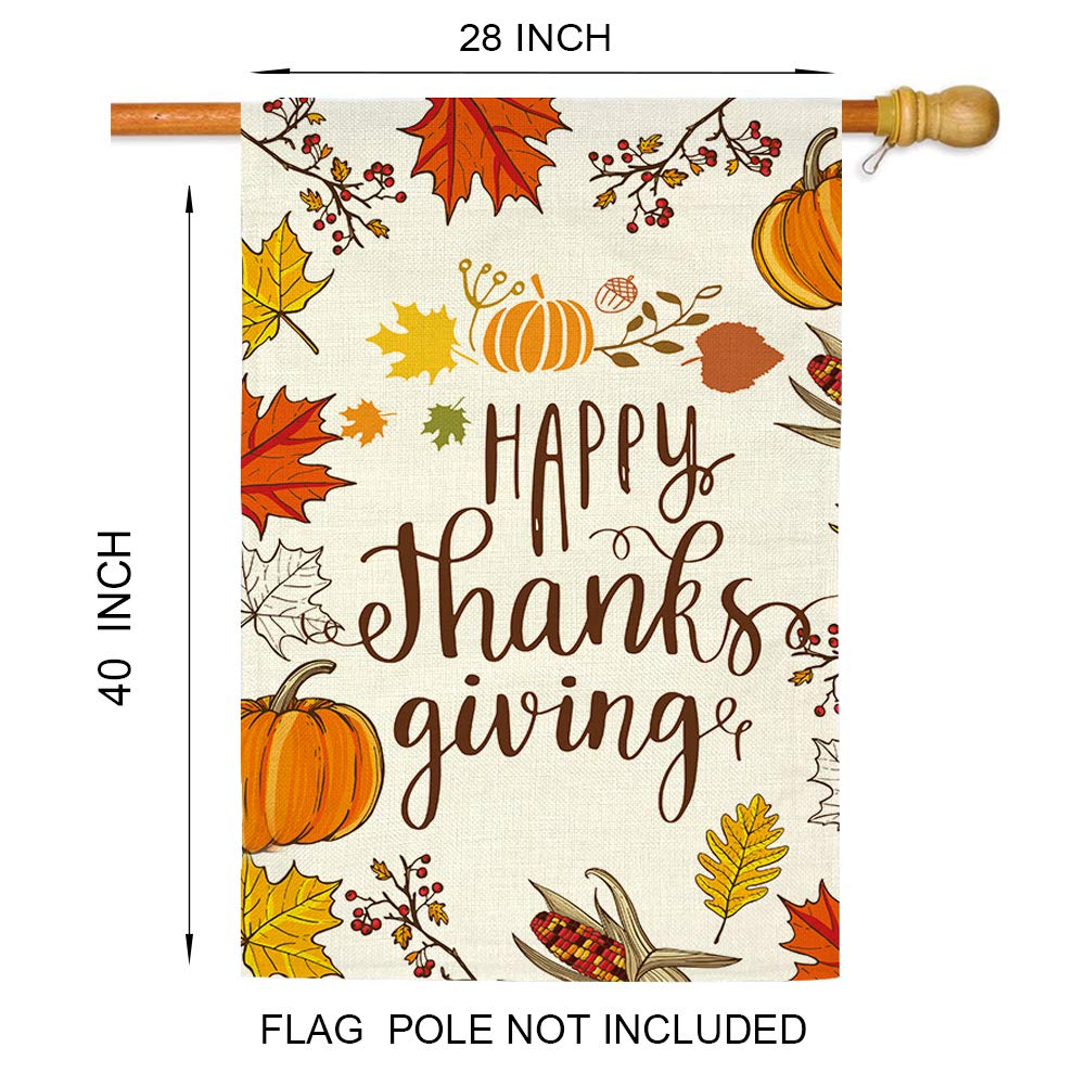 GOAUS Happy Thanksgiving House Flag,Fall Maple Leaf Leaves Pumpkin Farm Harvest,Double Sided Burlap Decorative Garden Flags for Home Lawn Yard Indoor Outdoor Decor,28 x 40 Inch