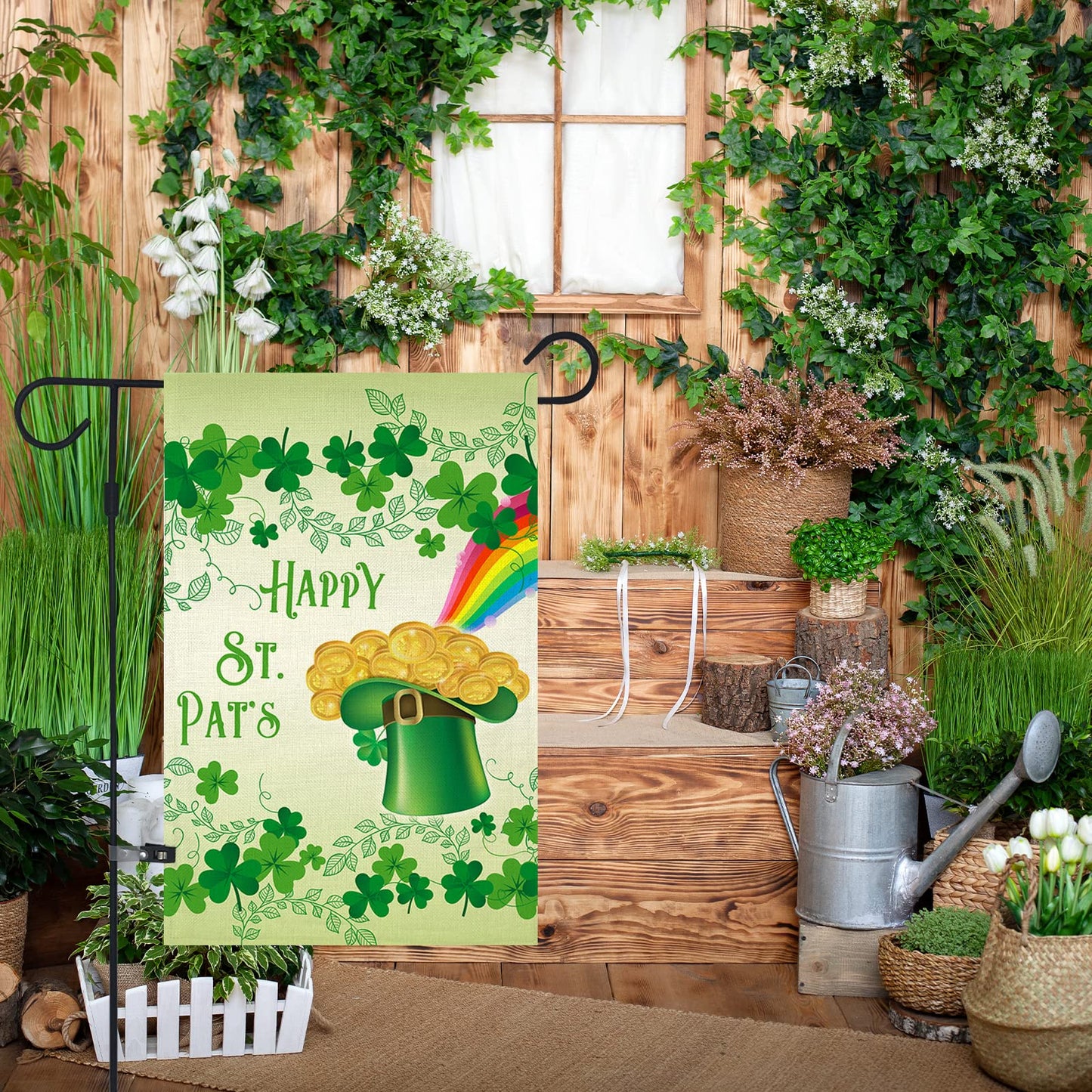 Happy St. Patrick's Day Garden Flag ,Clovers Irish Green Shamrocks,Leprechaun Top Hat Gold Coin Rainbow,Double Sided Burlap Decorative House Flags for Home Lawn Yard Indoor Outdoor Decor,12 x 18 Inch…