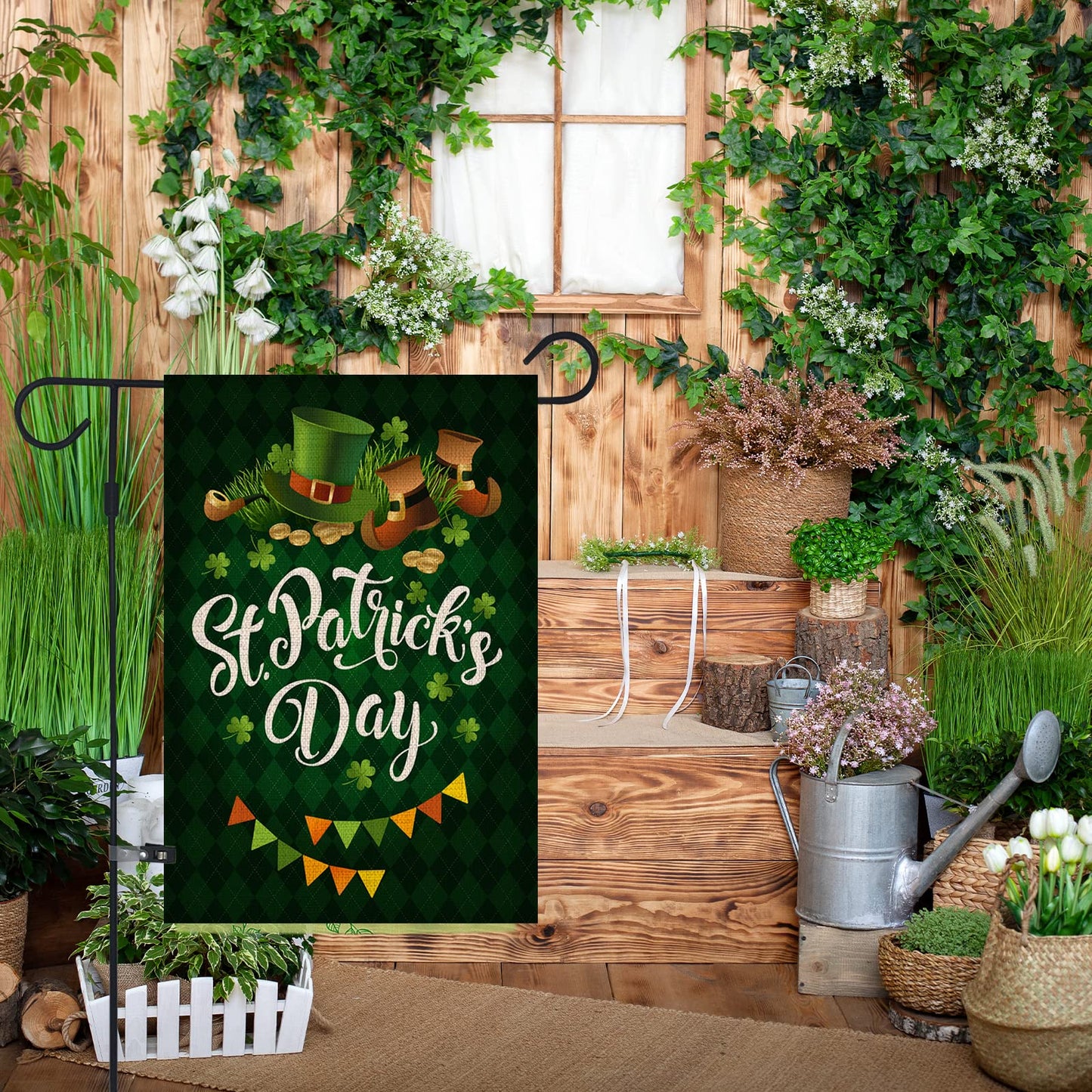 Happy St. Patrick's Day Garden Flag,Clovers Irish Green Shamrocks,Leprechaun Top Hat Gold Coin,Double Sided Burlap Decorative House Flags for Home Lawn Yard Indoor Outdoor Decor,12 x 18 Inch