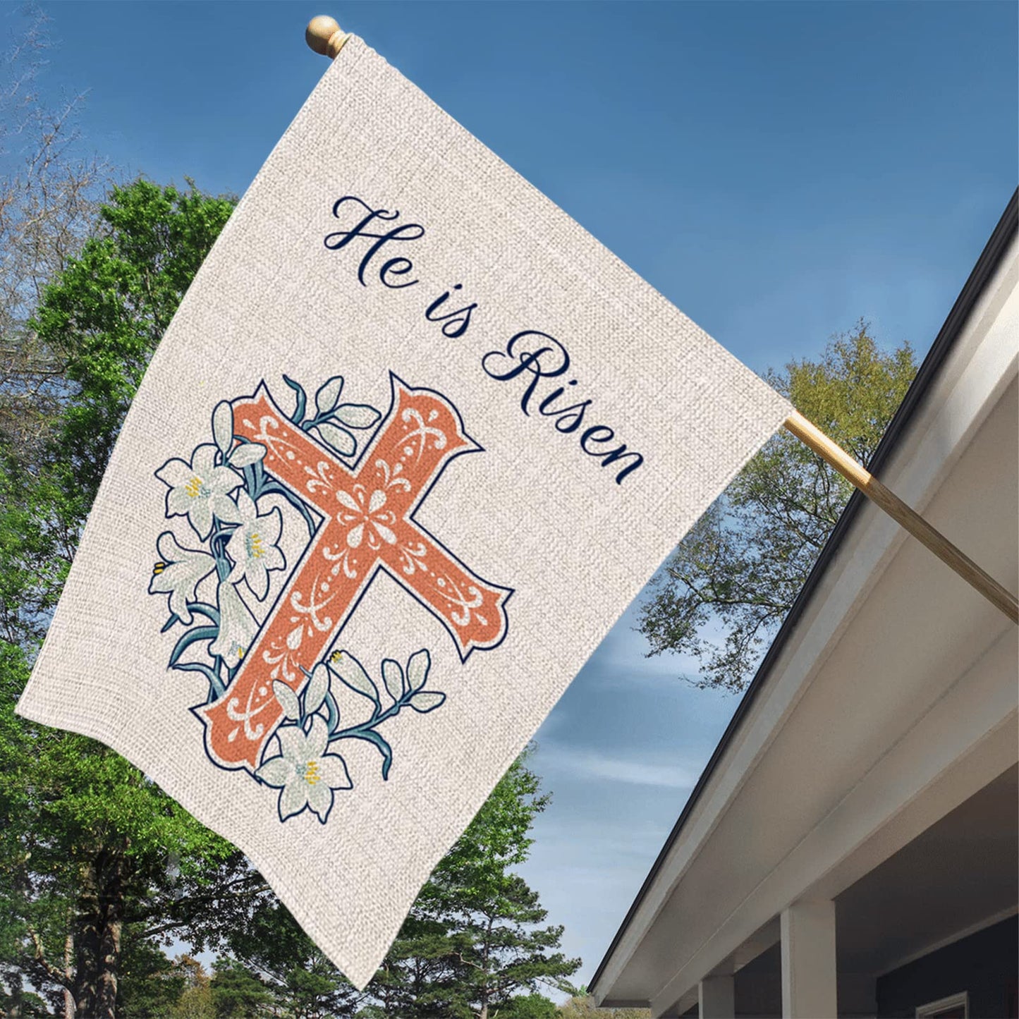 GOAUS He is Risen Cross and Lilies Easter Large House Flag,Double Sided Burlap Decorative Spring Garden Flags for Home Lawn Yard Indoor Outdoor Decor,28 x 40 Inch