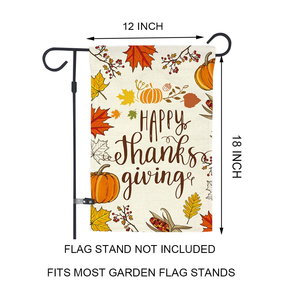 GOAUS Happy Thanksgiving Garden Flag,Fall Maple Leaf Leaves Pumpkin Farm Harvest,Double Sided Burlap Decorative House Flags for Home Lawn Yard Indoor Outdoor Decor,12 x 18 Inch