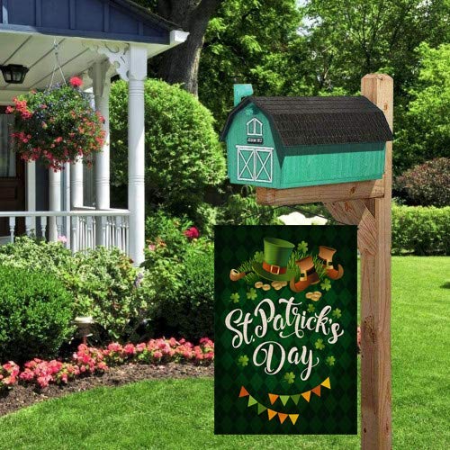 Happy St. Patrick's Day Garden Flag,Clovers Irish Green Shamrocks,Leprechaun Top Hat Gold Coin,Double Sided Burlap Decorative House Flags for Home Lawn Yard Indoor Outdoor Decor,12 x 18 Inch