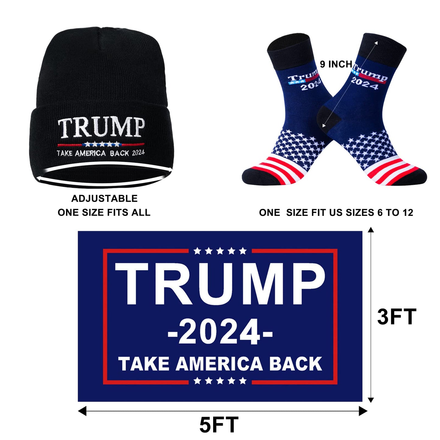 Trump 2024 Flag 3X5 Feet Beanie Hat and Novelty Socks for Men Women,Christimas Gifts Stocking Stuffers for Father Dad Grandpa…