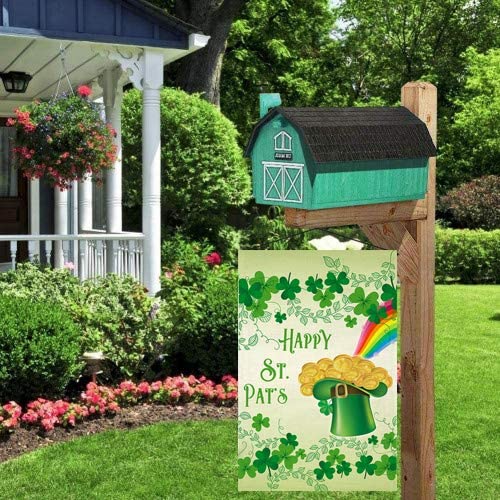 Happy St. Patrick's Day Garden Flag ,Clovers Irish Green Shamrocks,Leprechaun Top Hat Gold Coin Rainbow,Double Sided Burlap Decorative House Flags for Home Lawn Yard Indoor Outdoor Decor,12 x 18 Inch…